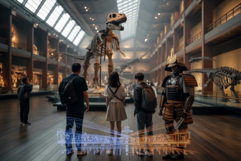 Visitors in a museum hall view a towering dinosaur skeleton with other displays and a person in traditional armor nearby, as a blue holographic diagram overlays the floor.