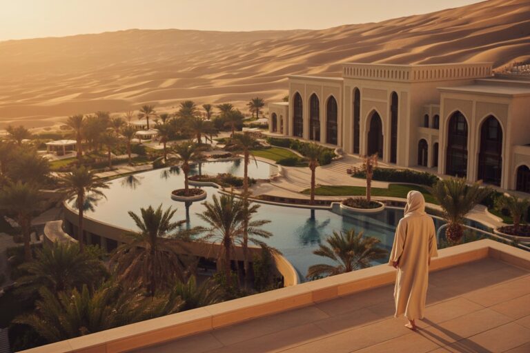 A person in a beige robe stands on a terrace overlooking a curved pool, palm trees, and a beige building at sunset.