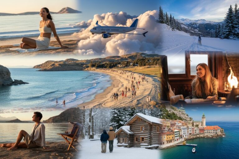 Collage of travel scenes from beach yoga to snowy mountains and seaside town, showing different destinations and seasons.