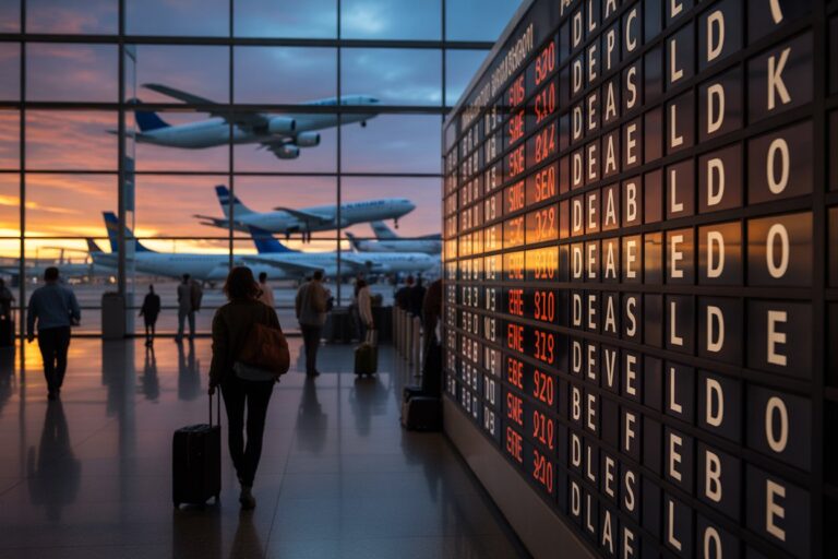Traveler with a rolling suitcase walks through a glass-walled airport at sunset; planes are parked outside as a large flight board fills the right side of the scene.