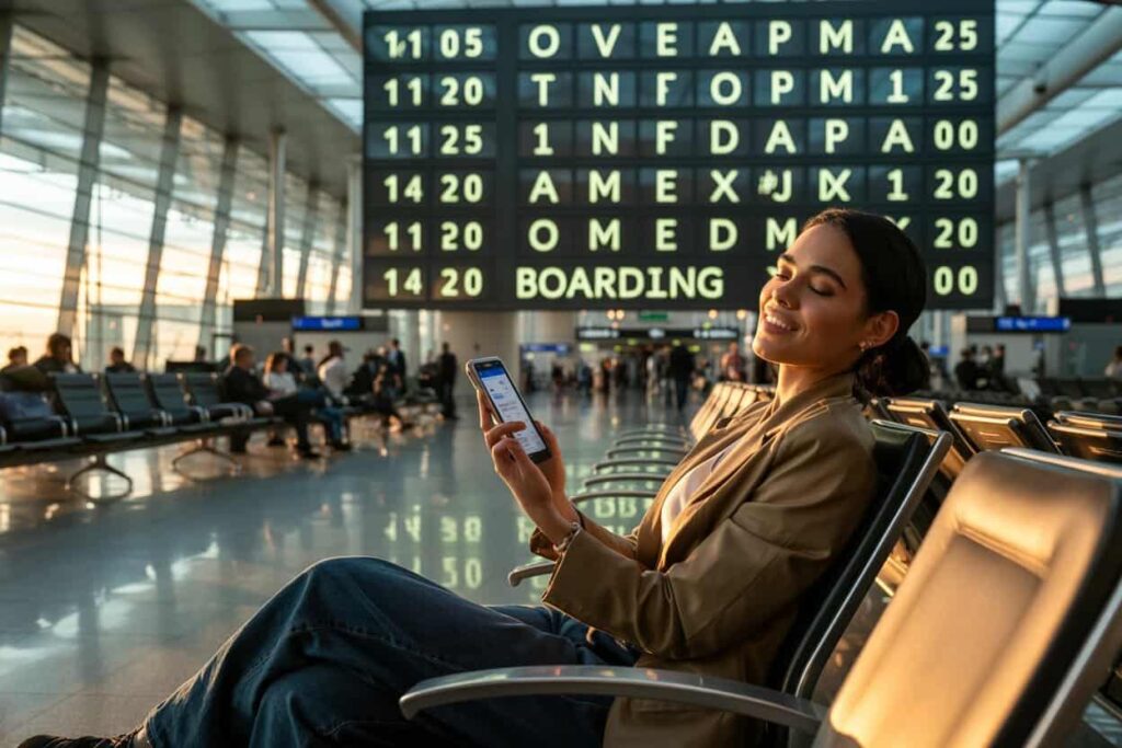 Smiling woman in an airport seating area, looking at her smartphone with a large departure board behind her.