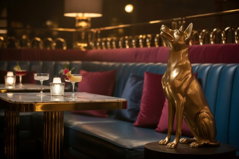 Golden dog statue on a pedestal beside a marble table with cocktails in a luxe, dim lounge setting.