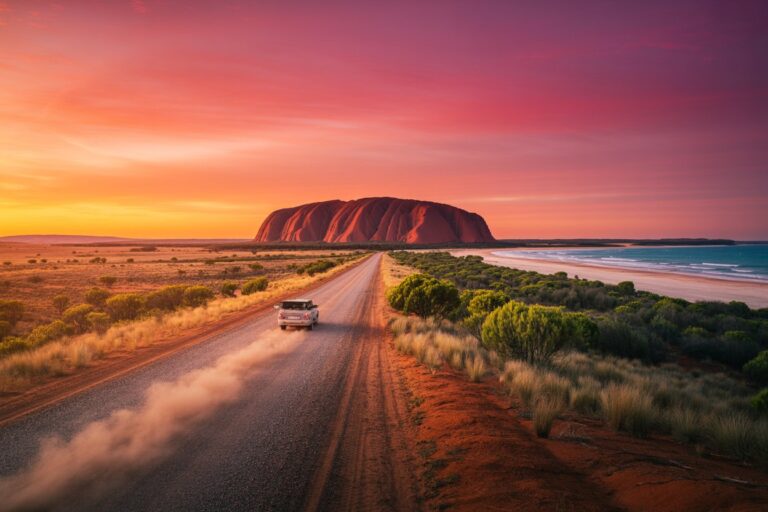 SUV travels a dusty gravel road toward a large red rock formation at sunset, desert scrub on both sides and sea on the right