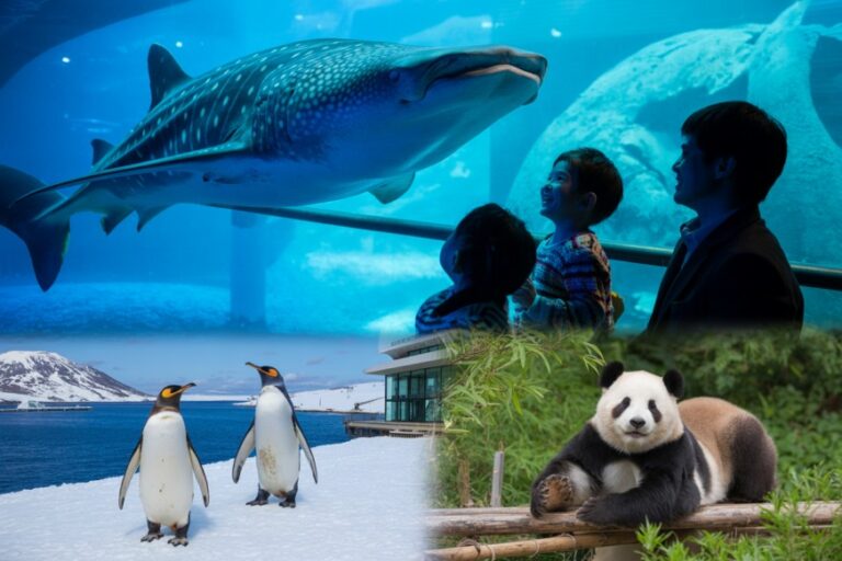 Collage of a whale shark seen through an aquarium glass with visitors watching, plus penguins on icy snow and a panda resting on logs in a bamboo setting.