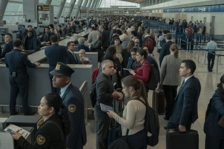 Busier airport check-in hall with long security/immigration lines and travelers with luggage awaiting processing.