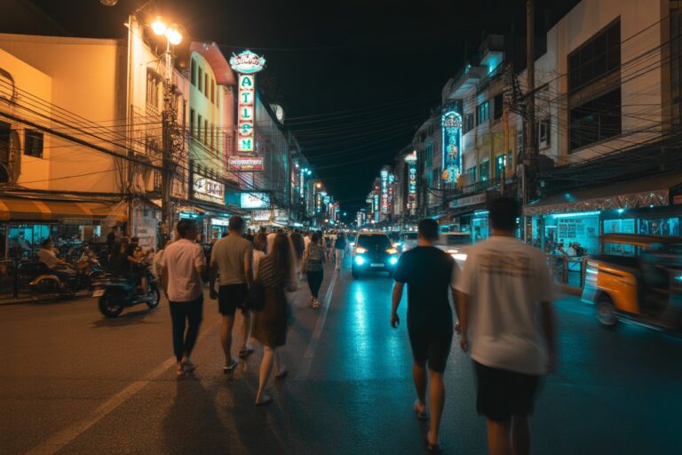 Night street scene at night with pedestrians walking along a neon-lit, busy city block and passing cars/motorcycles.
