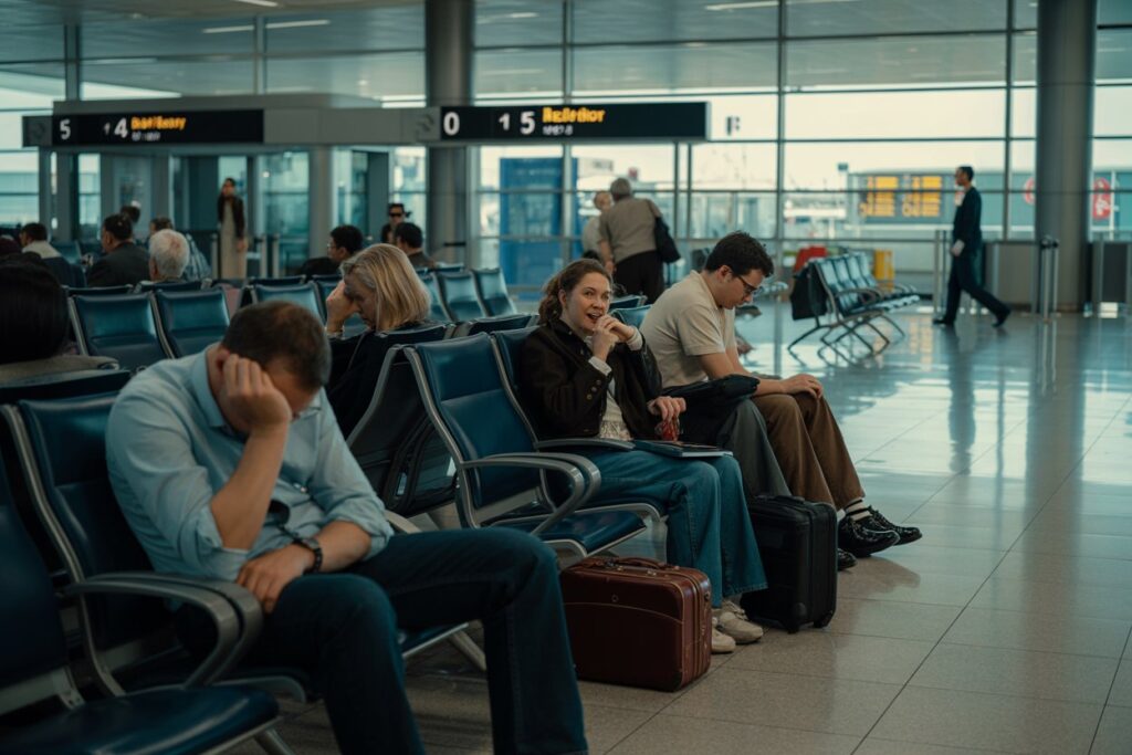 Travelers waiting in a bright airport terminal with suitcases beside blue seats and glass walls behind them.