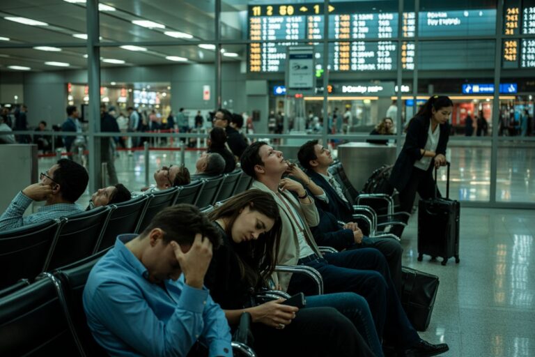 Passengers seated in an airport terminal, some looking up at departure boards while others rest or wait with luggage nearby