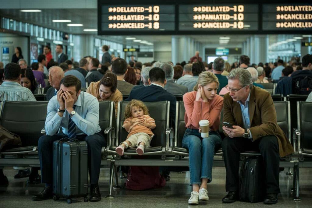 Busy airport seating area with travelers waiting; a man on the left holds his head beside a suitcase, a toddler sits in the middle, and a couple on the right consults a phone and drinks coffee.