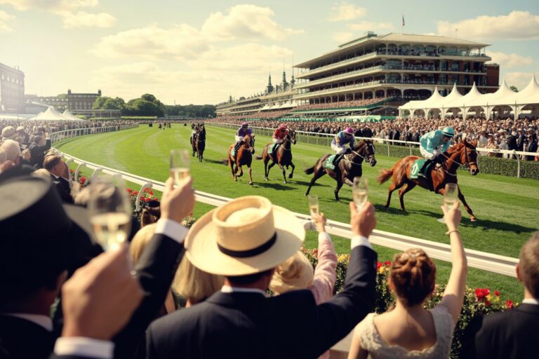 Crowd raising champagne glasses as jockeys race on a sunny track beside a large grandstand.