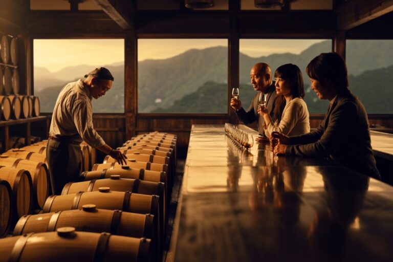 Winery tasting room at sunset: a staff member pours from oak barrels while four guests toast with glasses at a polished bar.