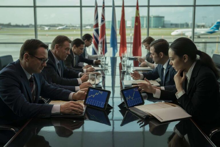 Business team in a glass-walled airport conference room reviewing charts on tablet devices with flags in the background on a long table.