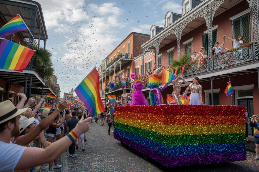 Pride parade on a sunny street with a rainbow-striped float and cheering crowd waving rainbow flags mostly on both sides of the street.