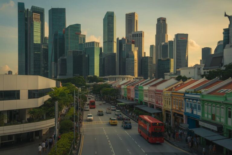Colorful row of shophouses along a busy street with a red double-decker bus and a modern skyline in the distance, at dusk.
