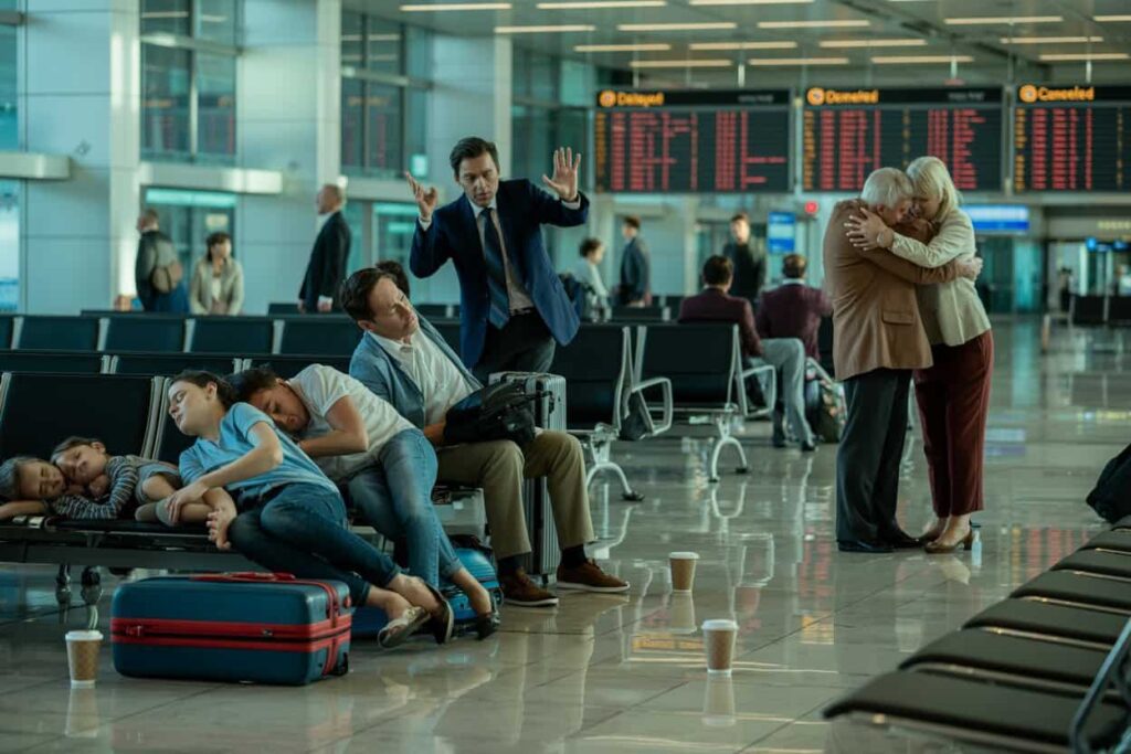 Travelers rest on seats in a bright airport terminal while a man in a suit gestures dramatically; an elderly couple hugs in the background near departure boards.