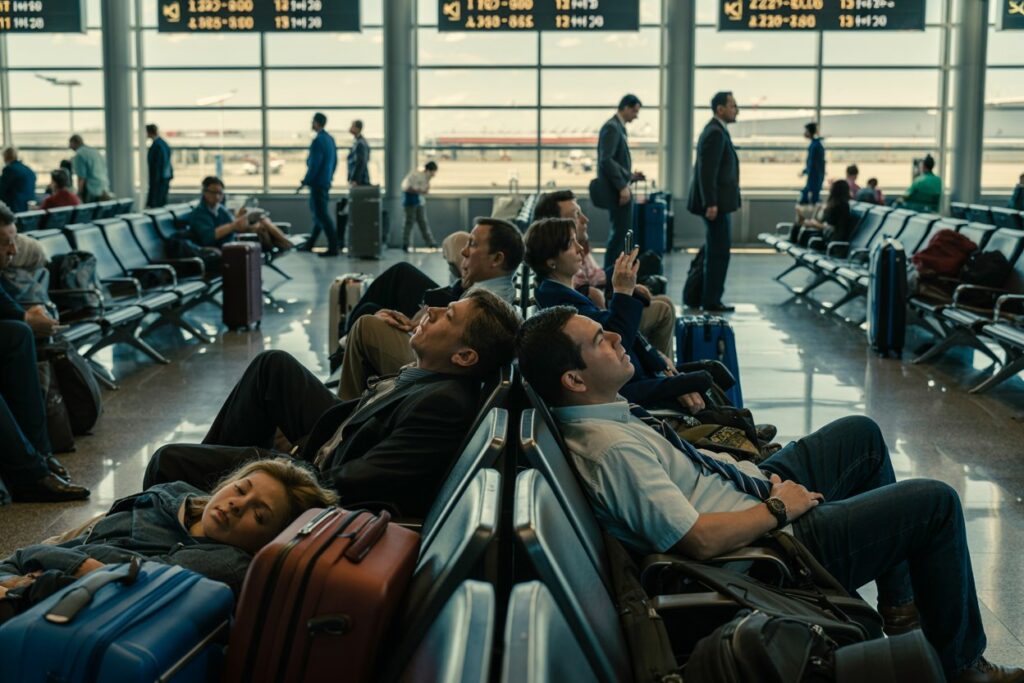 Passengers waiting in an airport terminal with luggage, seated and standing by large windows.