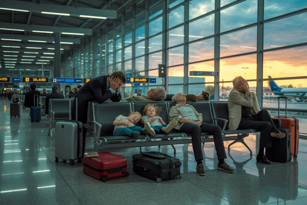 People wait in a bright airport terminal as a man in a suit rests his head in his hands; children nap on a row of seats with adults nearby; sunset glows through large windows with planes outside.