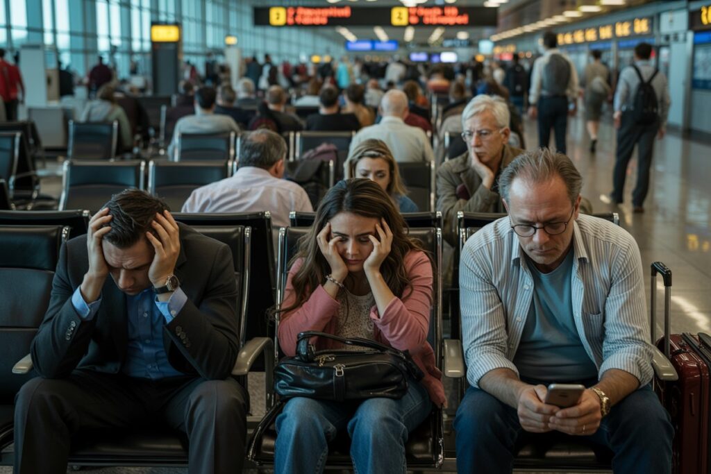 Three travelers sit in an airport terminal, each looking stressed: man left with hands on his head, woman center with hands on temples, man right scrolling on his phone, luggage nearby.