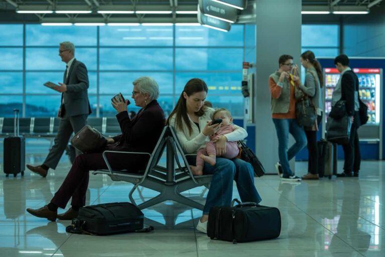 Two women sit on a metal airport bench; one uses a phone while holding a baby, with a large bag on the floor nearby and a suitcase in the foreground.