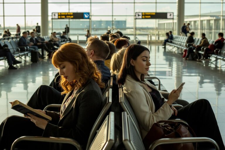 Two women seated back-to-back in an airport terminal; left woman reads a book, right woman checks her phone.