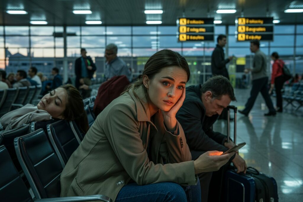 Young woman in a beige coat sits in an airport terminal, resting her head on her hand while looking at her phone.