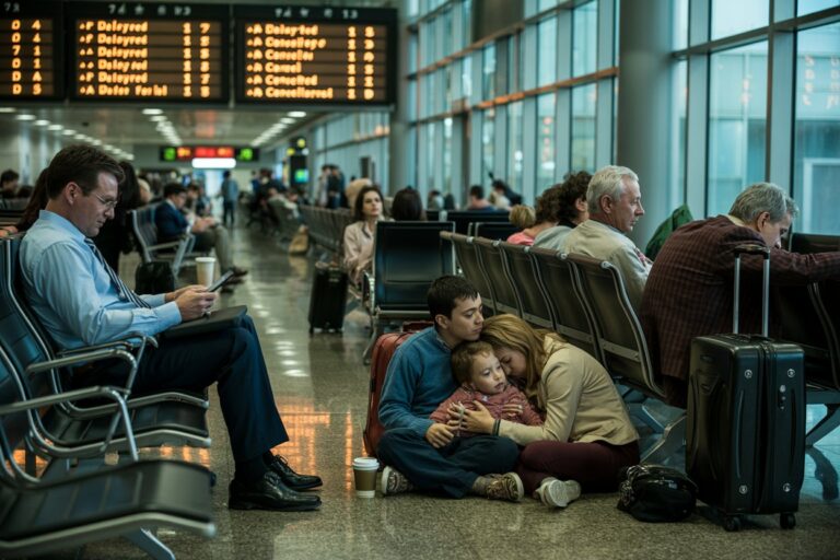 Family sitting on the airport floor with suitcases, mother cuddling two children while nearby passengers wait in chairs.