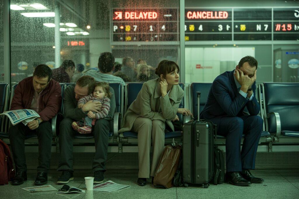 People waiting at an airport gate; a family with a child sits together while others wait, luggage by their feet and a 'Delayed' board in the background.