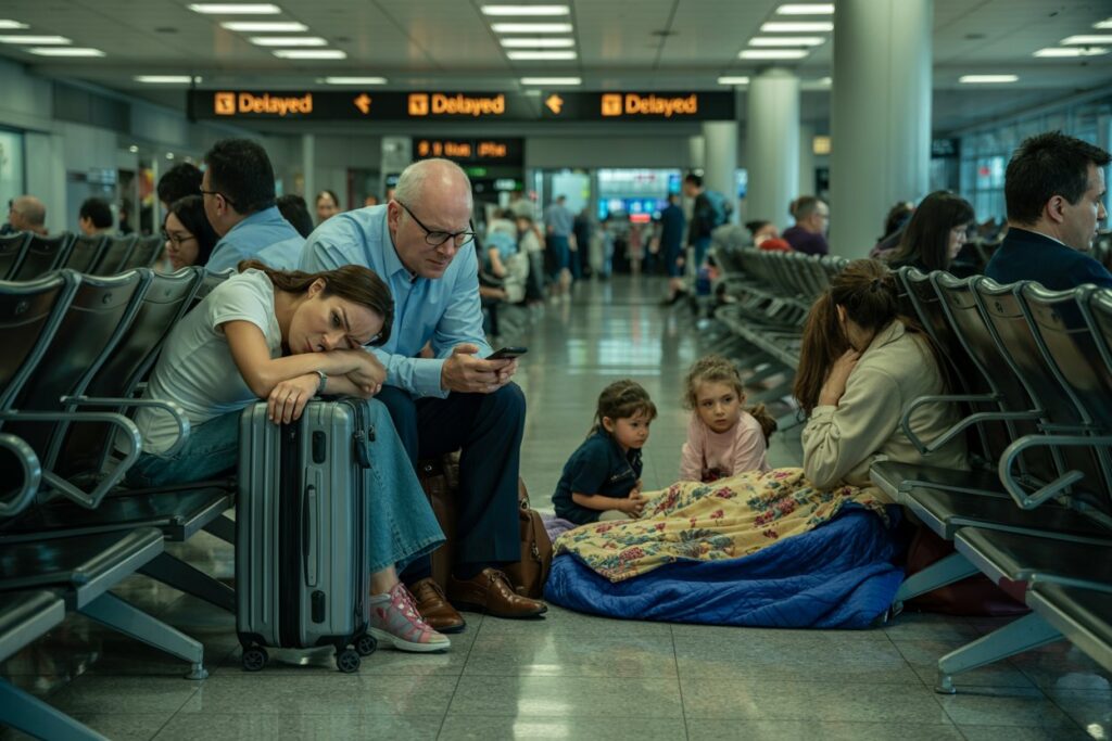 Airport terminal: a family sleeps on blankets on the floor between rows of seats while flights are delayed with 'Delayed' signs overhead.