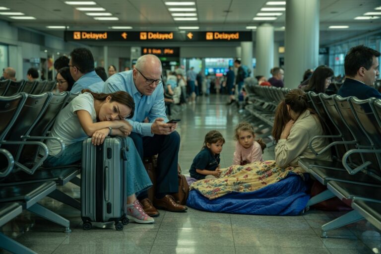 Airport terminal: a family sleeps on blankets on the floor between rows of seats while flights are delayed with 'Delayed' signs overhead.