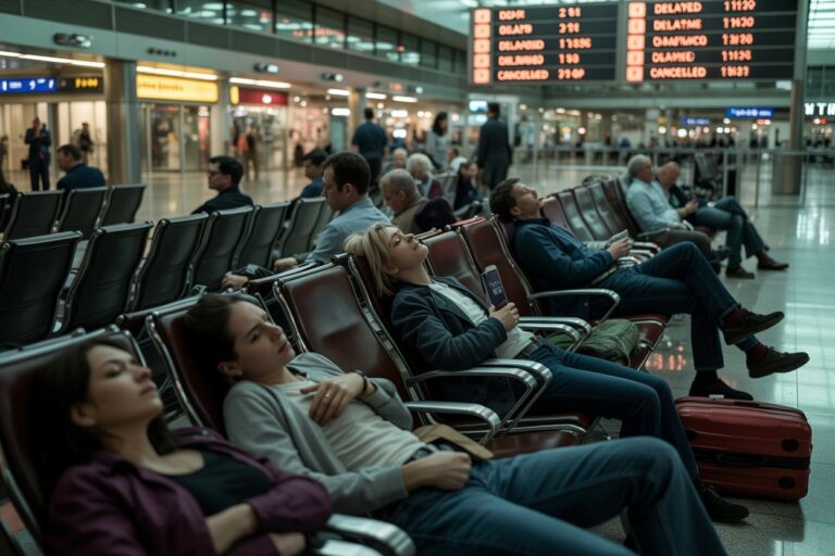 Passengers resting in an airport terminal seating area with rolling suitcases; a departure board glows in the background.