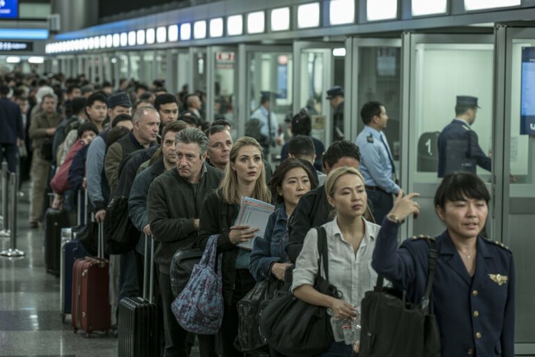 Crowded queue of travelers with rolling suitcases waiting at a busy airport or train terminal. In the foreground, a woman holds a document and bag while others wait behind her.