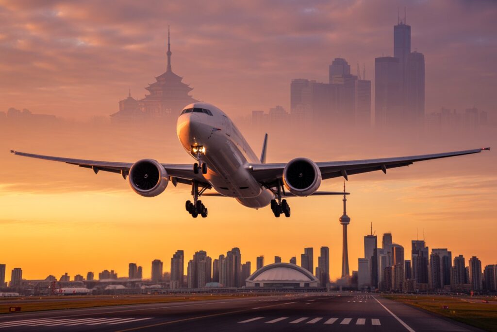 Passenger jet approaches the runway at sunset with a city skyline in the background and warm orange skies.