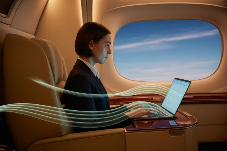 Businesswoman in a suit typing on a laptop while seated by an airplane window, blue sky outside.