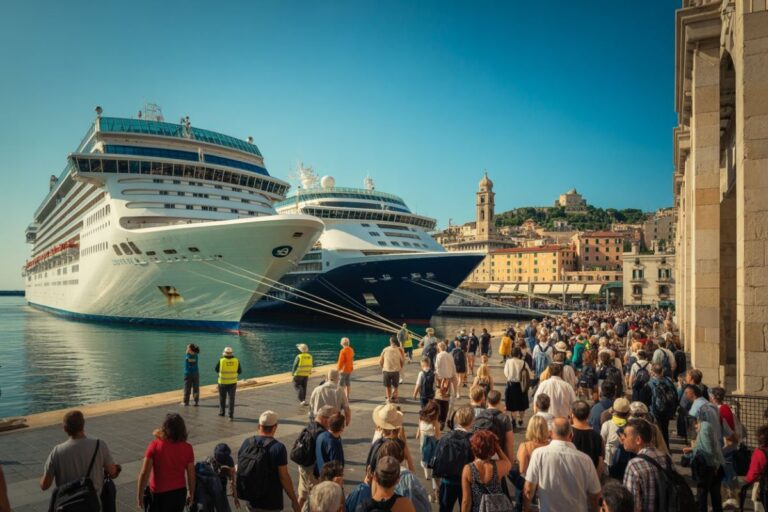 Two massive cruise ships docked at a sunny harbor while a crowd of travelers walks along a quay, with historic buildings in the background and a few staff in yellow vests overseeing boarding.