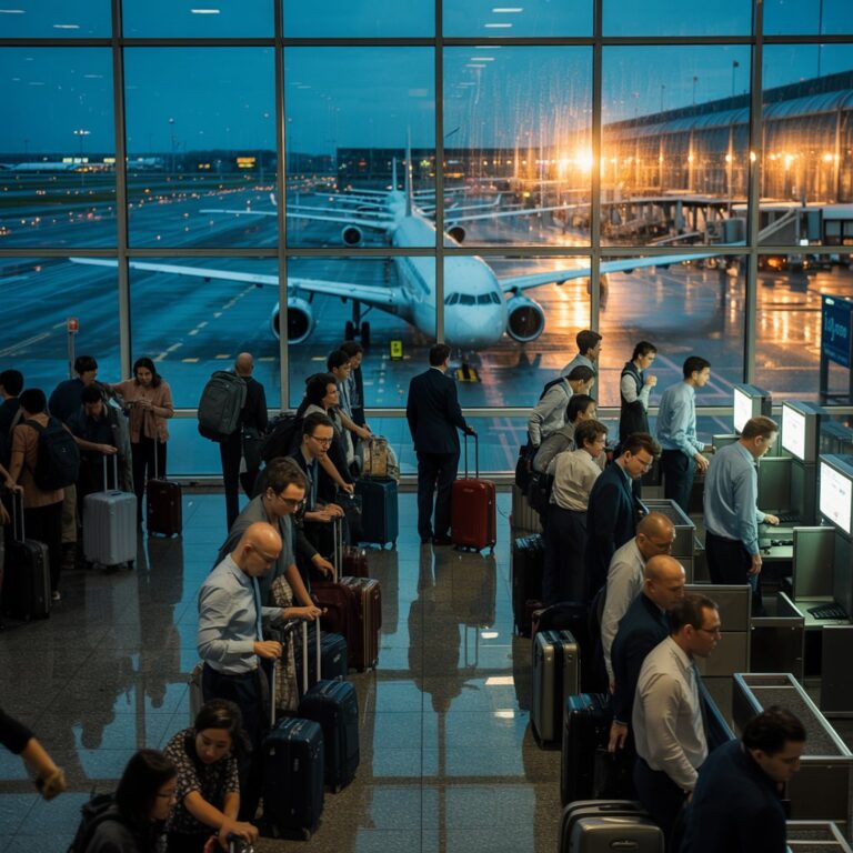 Crowded airport check-in area with passengers and rolling suitcases, a plane visible through the large glass windows outside at dusk.