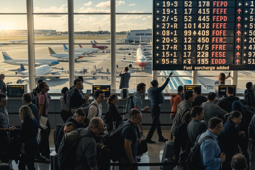 Crowd of travelers in an airport terminal in front of a large flight information board with planes on the tarmac outside the windows.