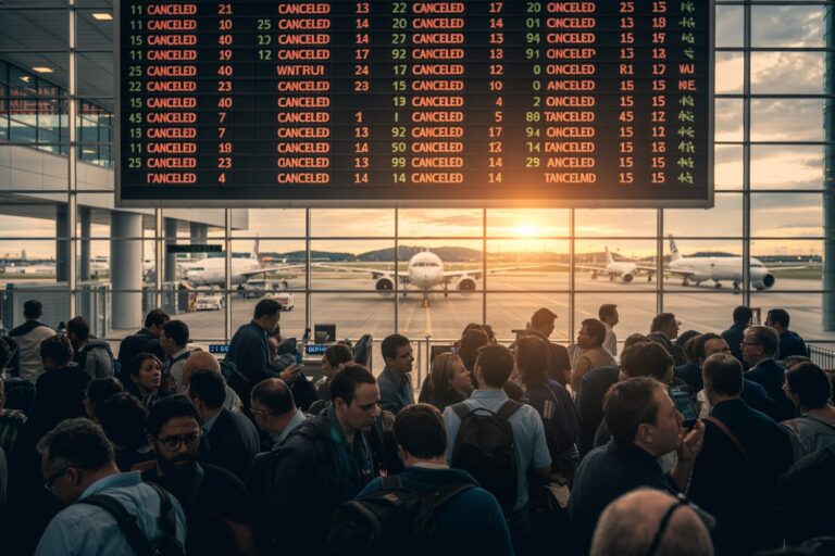 Crowded airport terminal with a bright flight info board overhead and planes visible outside at sunset/golden hour.