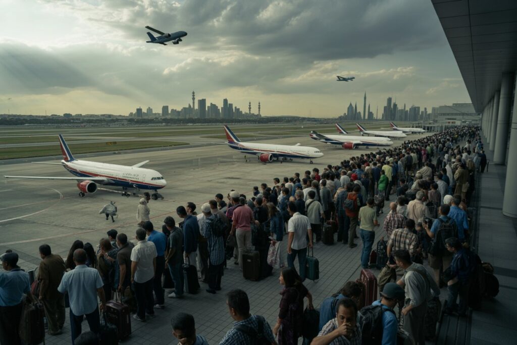 Crowd of travelers with luggage lined up along a busy airport gate, planes on the tarmac and a distant city skyline.