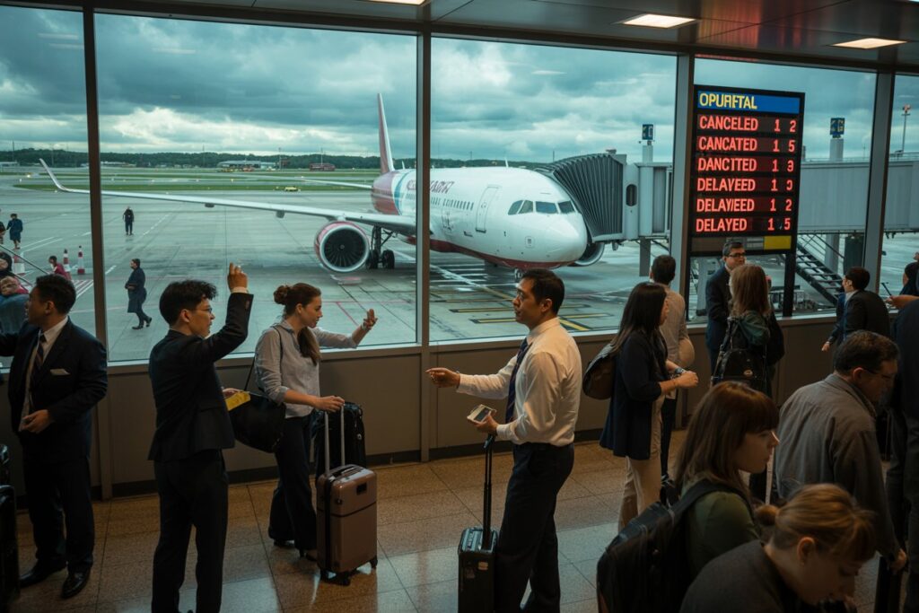 Passengers at a boarding gate with luggage, airplane at the jet bridge outside a large window, cloudy sky overhead as ground crew move about.