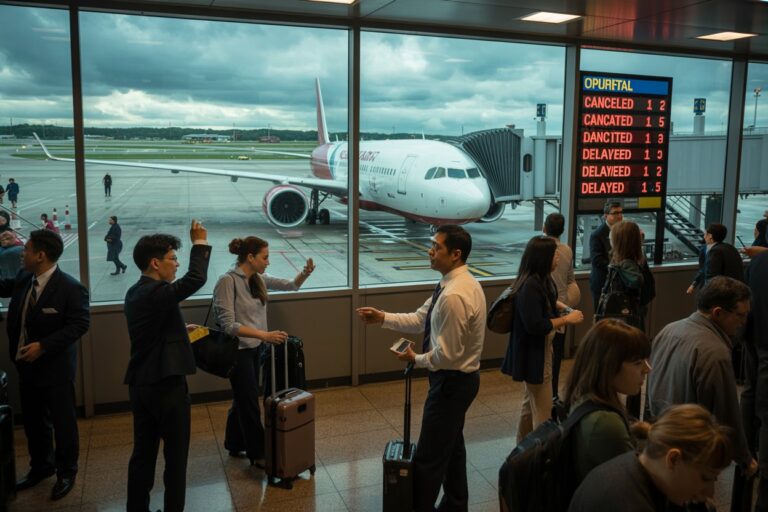 Passengers at a boarding gate with luggage, airplane at the jet bridge outside a large window, cloudy sky overhead as ground crew move about.