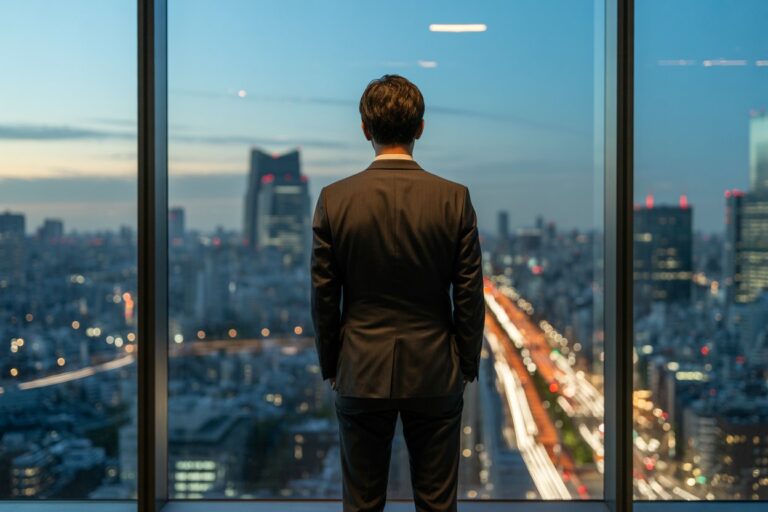 Man in a business suit stands with his back to the camera, looking out over a lit city skyline from a high-rise window at dusk.