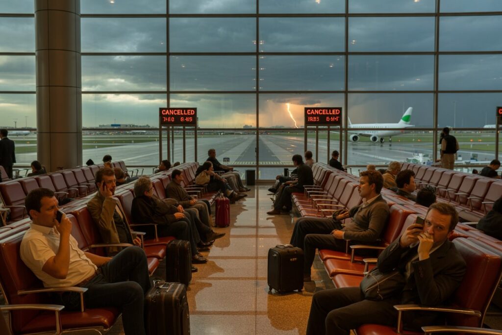 Airport departure lounge with red seats, travelers seated with luggage, and two 'Cancelled' boards visible; stormy sky and lightning outside.