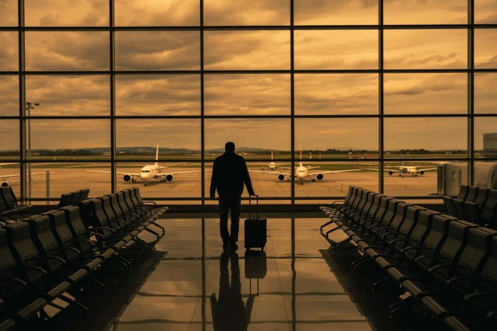 Silhouette of a traveler with a wheeled suitcase in a gate area, looking at parked planes through a large glass wall at sunset.