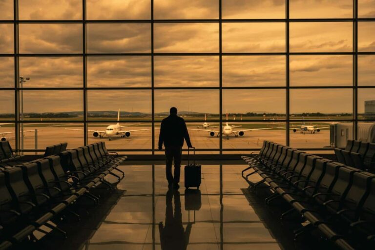 Silhouette of a traveler with a wheeled suitcase in a gate area, looking at parked planes through a large glass wall at sunset.