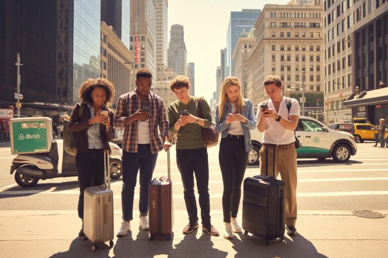 Group of five young adults with rolling suitcases standing on a busy city street, all looking at their smartphones.