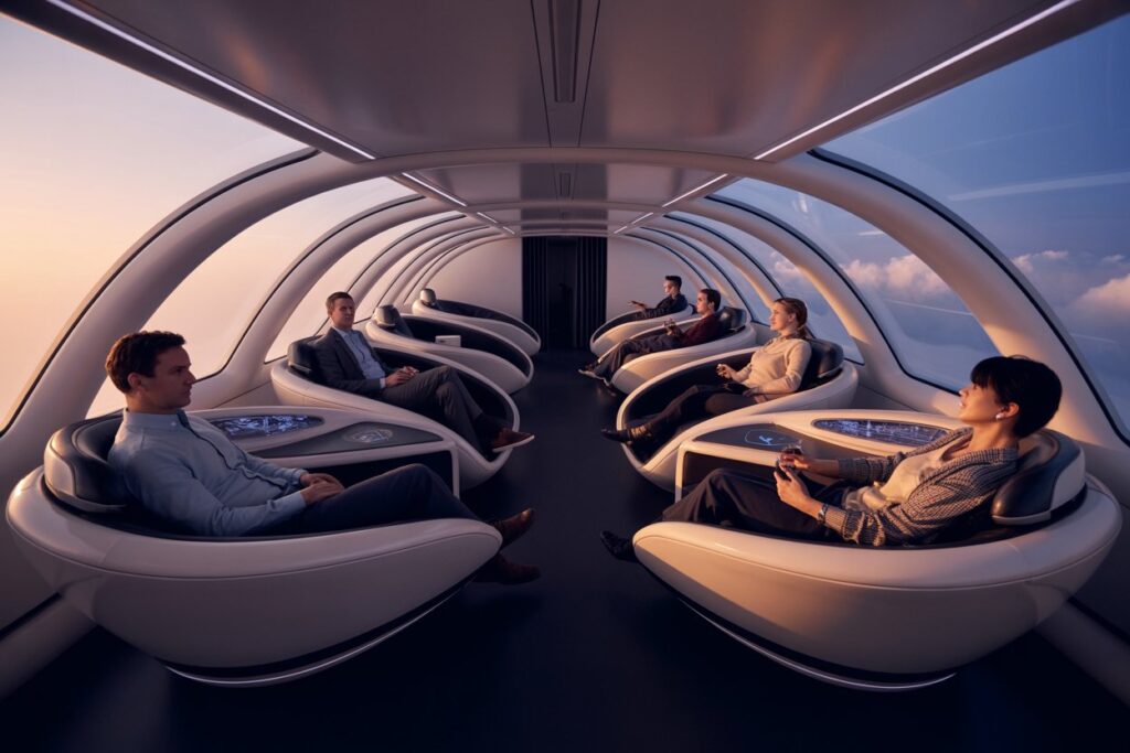 People sit in futuristic white capsule chairs along a glass tunnel, enjoying a sunset view outside.
