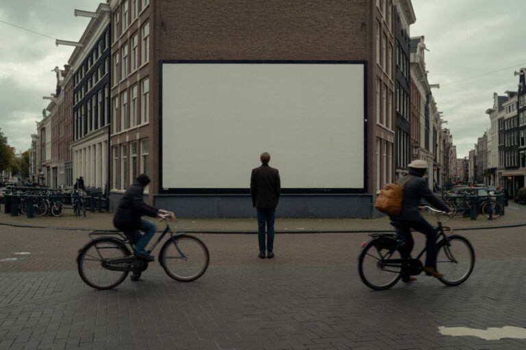 Man stands alone facing a large blank billboard on a brick building in a city street, while two cyclists ride by in the foreground.