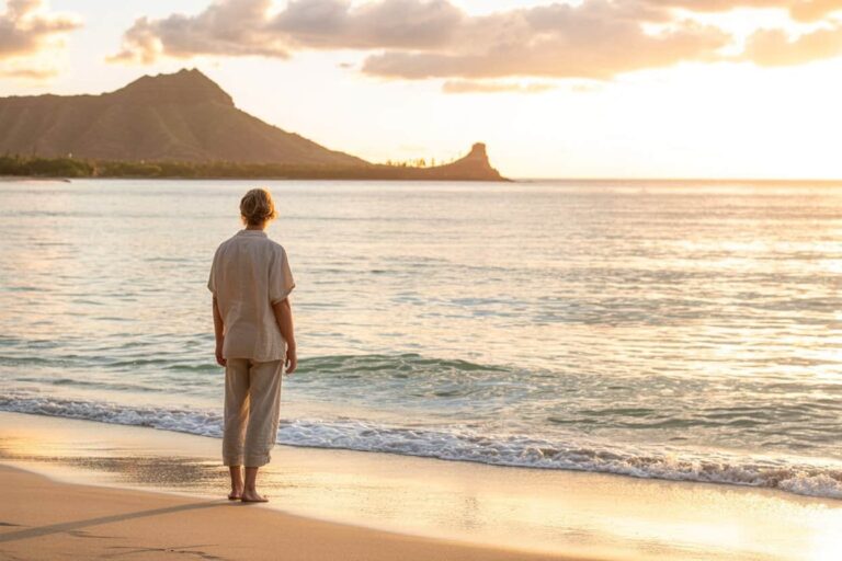 Person stands barefoot at the shoreline during sunset, facing the calm sea with mountains in the distance.