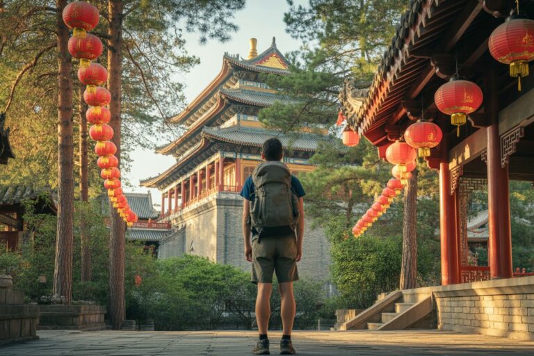 Backpacker wearing a green backpack stands facing a traditional Chinese temple with red lanterns along the walkway.
