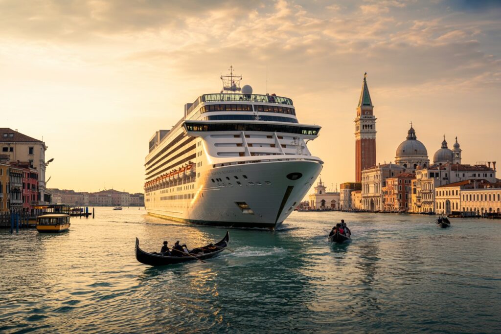 Large white cruise ship gliding through Venice's Grand Canal at sunset, with gondolas in the foreground.